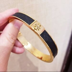 NWT Tory Burch  Gold/Black Slim Leather Inlay Women's Cuff Bracelet